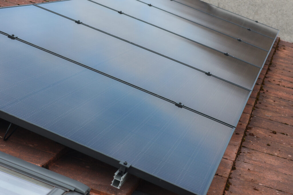 A set of solar panels on a roof 